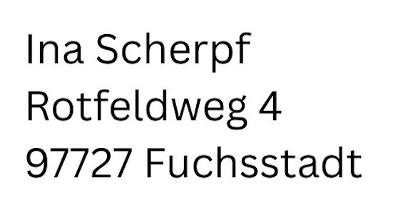 Anschrift von Ina Scherpf – als Bild eingebunden zum Schutz vor automatisiertem Auslesen
